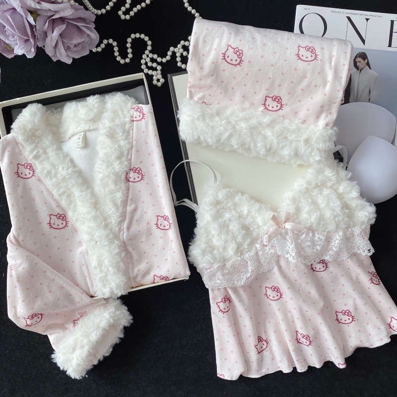 Trojodjelni pidžama set od island velvet materijala, V izrez, dugi rukavi, debeo i topao, 50–70% spandex