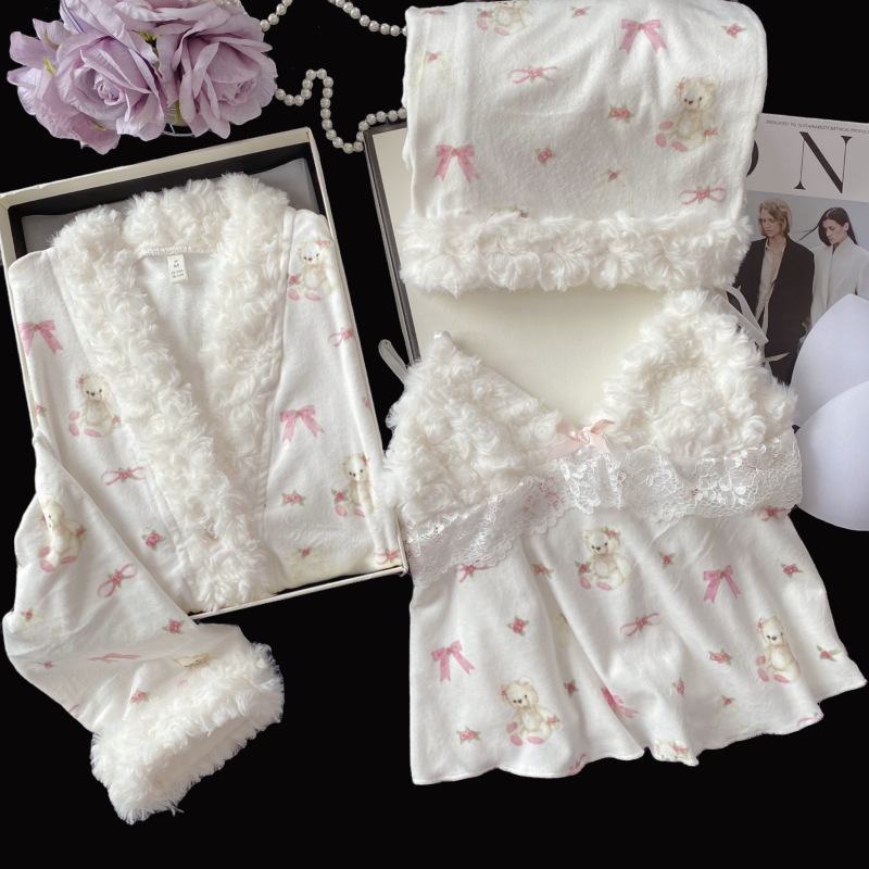 Trojodjelni pidžama set od island velvet materijala, V izrez, dugi rukavi, debeo i topao, 50–70% spandex