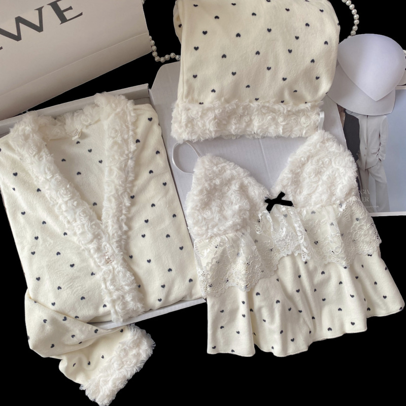 Trojodjelni pidžama set od island velvet materijala, V izrez, dugi rukavi, debeo i topao, 50–70% spandex