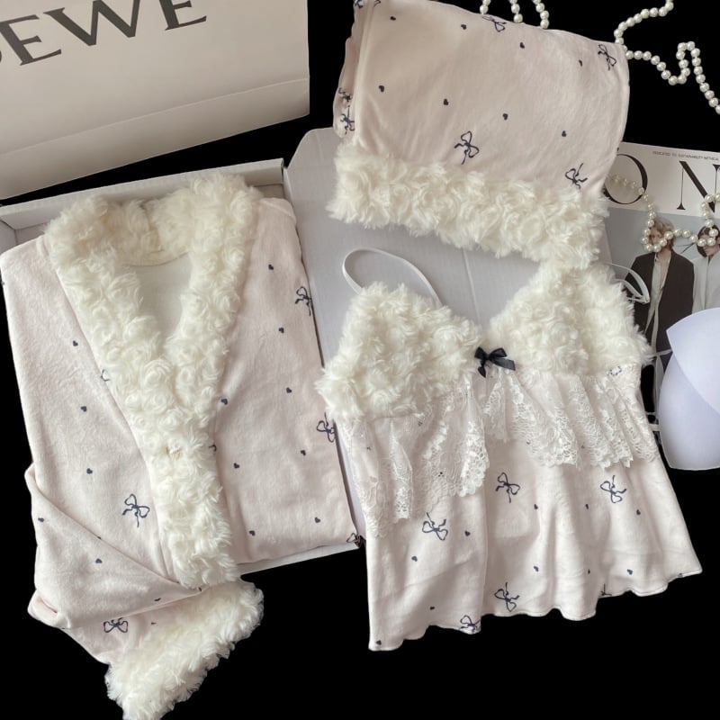 Trojodjelni pidžama set od island velvet materijala, V izrez, dugi rukavi, debeo i topao, 50–70% spandex