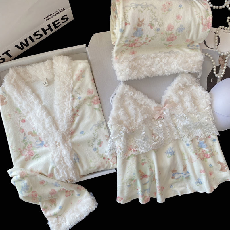Trojodjelni pidžama set od island velvet materijala, V izrez, dugi rukavi, debeo i topao, 50–70% spandex