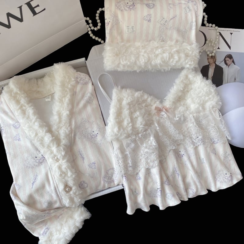 Trojodjelni pidžama set od island velvet materijala, V izrez, dugi rukavi, debeo i topao, 50–70% spandex