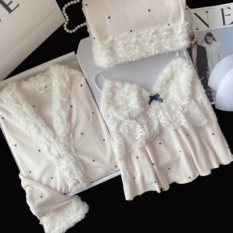 Trojodjelni pidžama set od island velvet materijala, V izrez, dugi rukavi, debeo i topao, 50–70% spandex