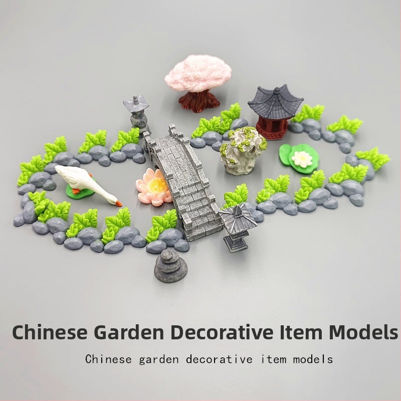 Mini peisaj în miniatură din rășină – decor de grădină în stil antic cu foișor, frunze de lotus, iaz și pod arcuit (Material: rășină; Tip material: plastic, rășină; Categorie: meșteșuguri din rășină; Stil: desen animat)