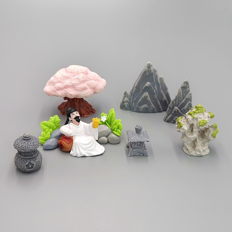 Mini peisaj în miniatură din rășină – decor de grădină în stil antic cu foișor, frunze de lotus, iaz și pod arcuit (Material: rășină; Tip material: plastic, rășină; Categorie: meșteșuguri din rășină; Stil: desen animat)