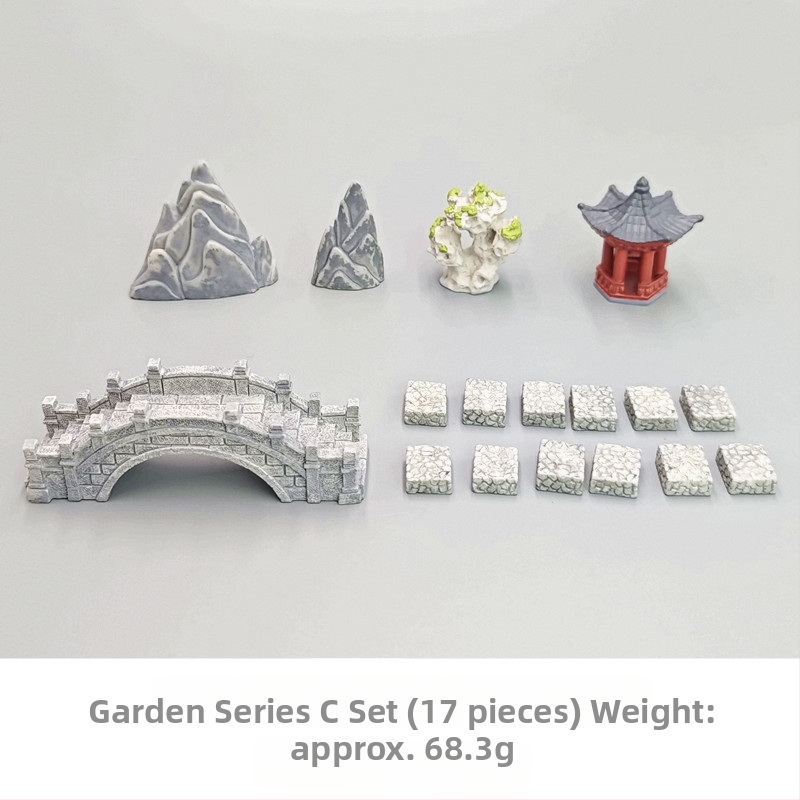 Mini peisaj în miniatură din rășină – decor de grădină în stil antic cu foișor, frunze de lotus, iaz și pod arcuit (Material: rășină; Tip material: plastic, rășină; Categorie: meșteșuguri din rășină; Stil: desen animat)