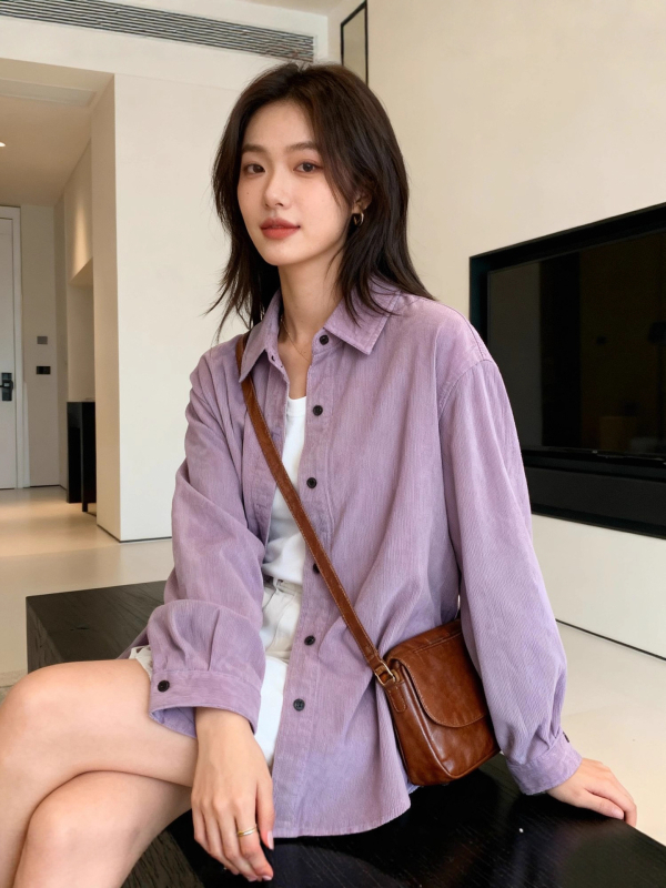 Dámska košeľa z polyesteru, vzor jednofarebný, dlhé rukávy, golier s reverom, voľný strih