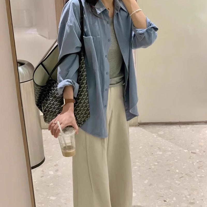 Dámska košeľa z polyesteru, vzor jednofarebný, dlhé rukávy, golier s reverom, voľný strih