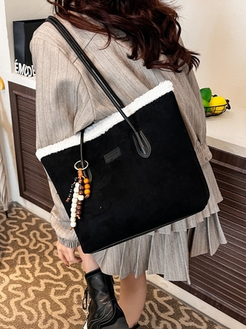 Geantă Tote din piele de cerb, stil urban simplu, formă orizontală pătrată, fermoar deschis, buzunar interior cu fermoar