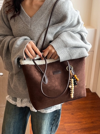 Geantă Tote din piele de cerb, stil urban simplu, formă orizontală pătrată, fermoar deschis, buzunar interior cu fermoar