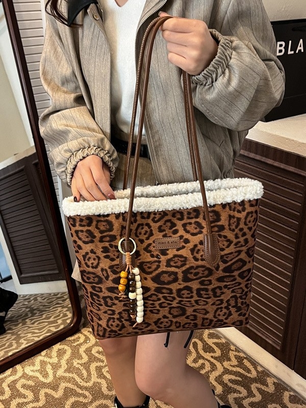 Geantă Tote din piele de cerb, stil urban simplu, formă orizontală pătrată, fermoar deschis, buzunar interior cu fermoar