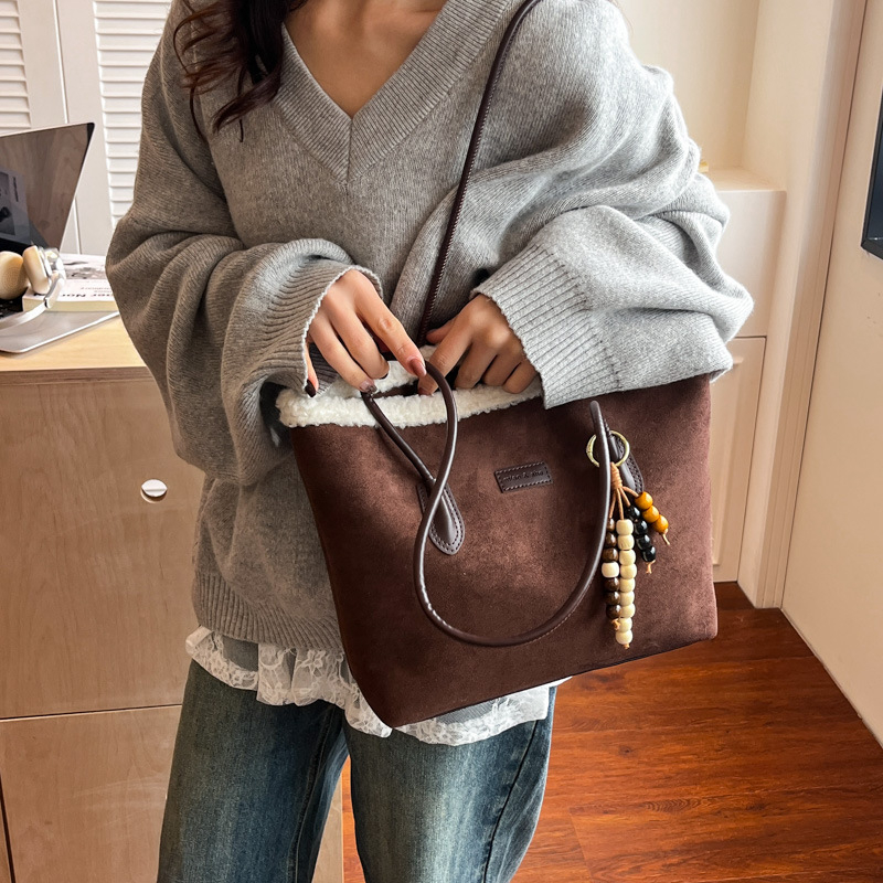 Geantă Tote din piele de cerb, stil urban simplu, formă orizontală pătrată, fermoar deschis, buzunar interior cu fermoar