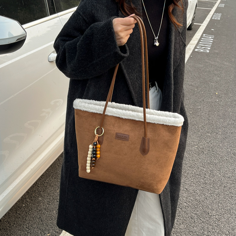 Geantă Tote din piele de cerb, stil urban simplu, formă orizontală pătrată, fermoar deschis, buzunar interior cu fermoar