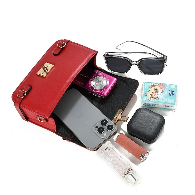 Geantă de umăr pentru femei, PU, stil stradal, formă pătrată orizontală, închidere cu lacăt, căptușeală poliester