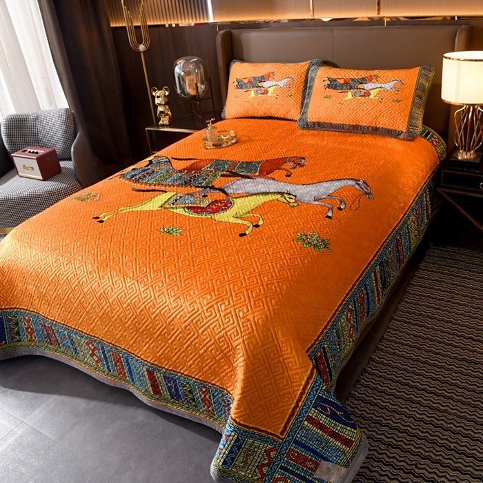 Set de trei piese pentru acoperire pat din velur pentru copii, față dublă quiltat, cald pentru iarnă, țesătură twill, vopsire reactivă, personalizare