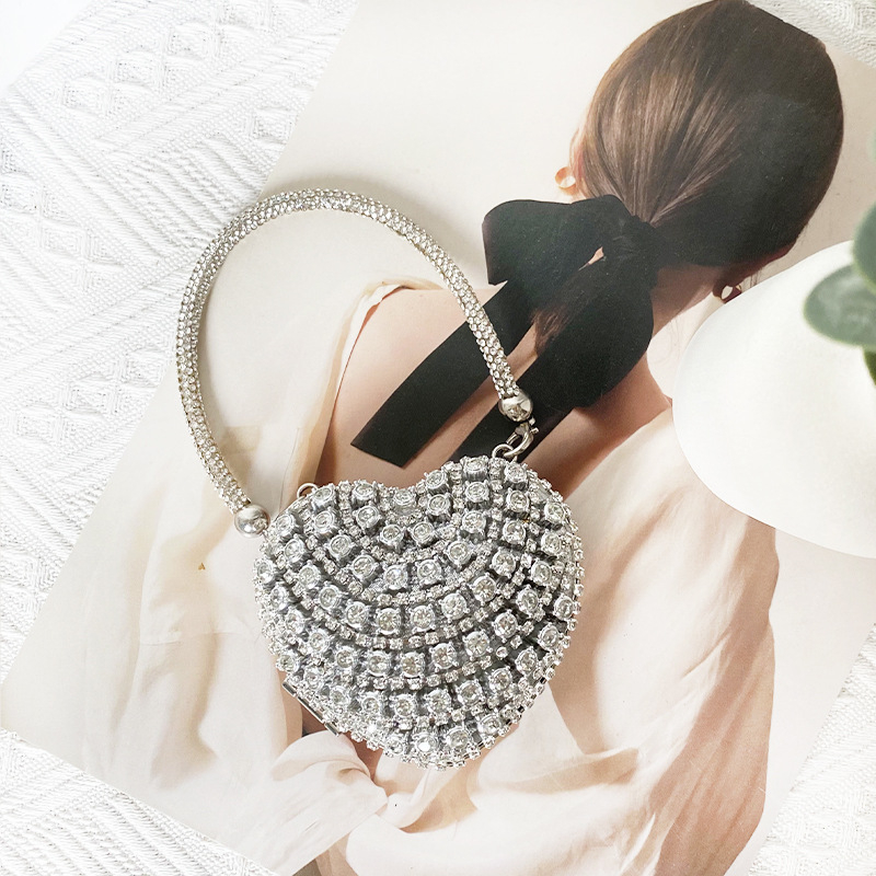 Rhinestone srcolika torba s lancem, kutija-stil, magnetska kopča, unutarnja pregrada s sandwich zatvaračem, poliester podstava