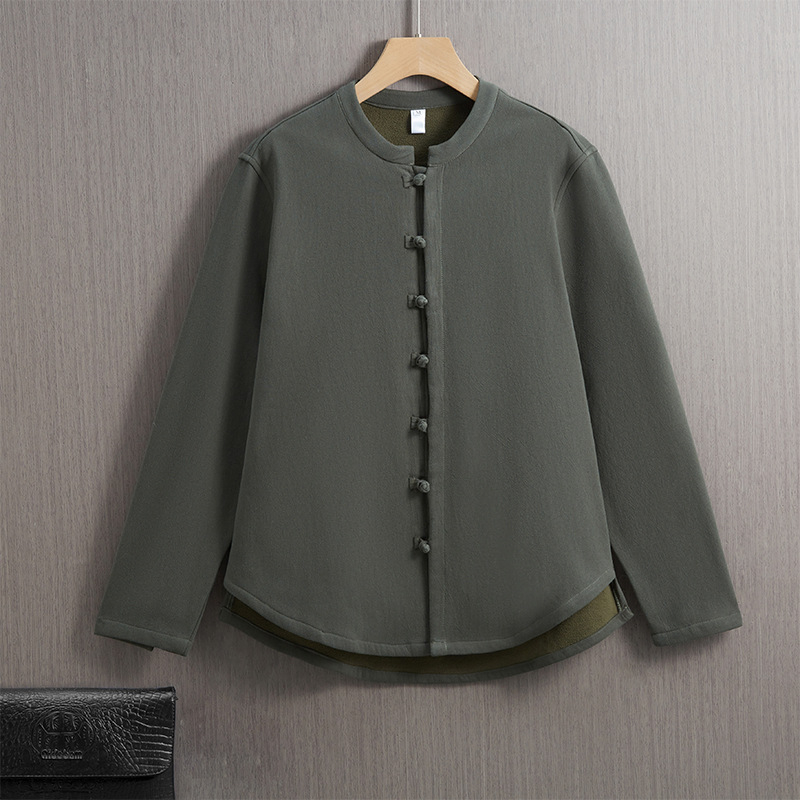 Muška košuljo-jakna u Tang stilu, vintage, s flece podstavom, stojeći ovratnik, gusta toplina, pamukova smjesa 65% pamuka
