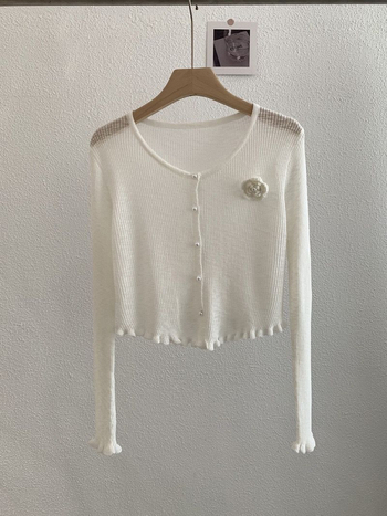 Cardigan tricot floral 3D, croială slim, mâneci lungi, lungime scurtă, amestec viscoză Bamboo Hemp, Vară 2025