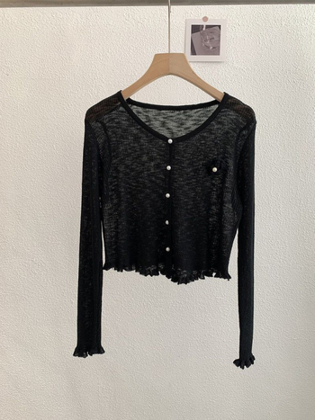 Cardigan tricot floral 3D, croială slim, mâneci lungi, lungime scurtă, amestec viscoză Bamboo Hemp, Vară 2025