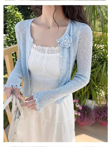 Cardigan tricot floral 3D, croială slim, mâneci lungi, lungime scurtă, amestec viscoză Bamboo Hemp, Vară 2025