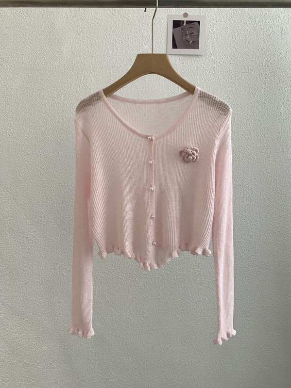 Cardigan tricot floral 3D, croială slim, mâneci lungi, lungime scurtă, amestec viscoză Bamboo Hemp, Vară 2025