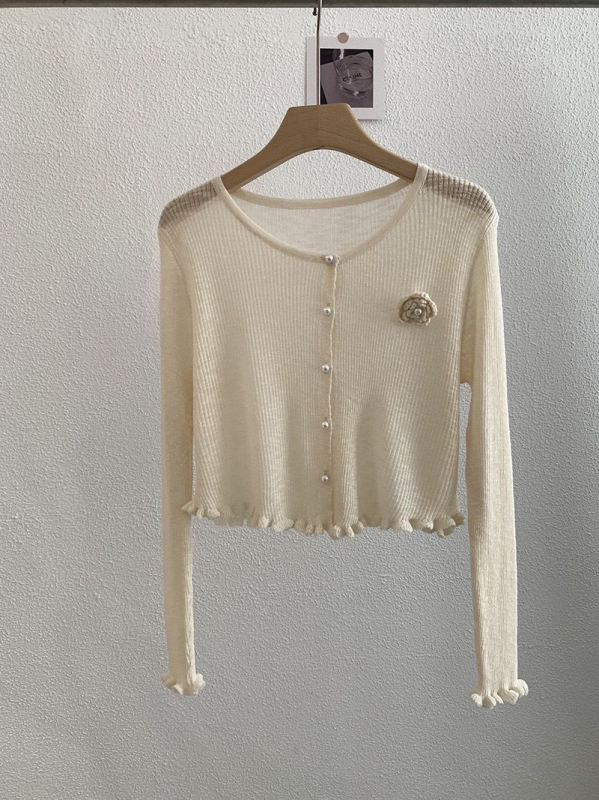 Cardigan tricot floral 3D, croială slim, mâneci lungi, lungime scurtă, amestec viscoză Bamboo Hemp, Vară 2025