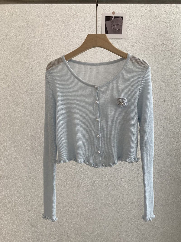 Cardigan tricot floral 3D, croială slim, mâneci lungi, lungime scurtă, amestec viscoză Bamboo Hemp, Vară 2025