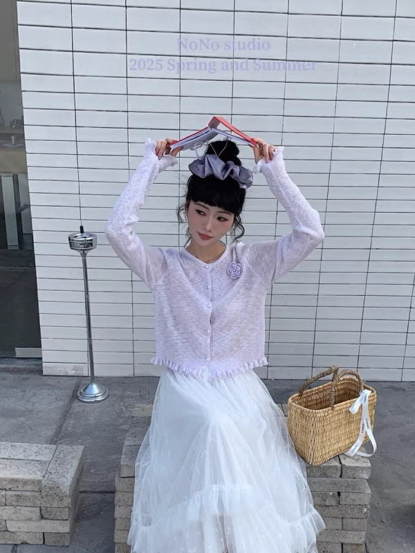 Cardigan tricot floral 3D, croială slim, mâneci lungi, lungime scurtă, amestec viscoză Bamboo Hemp, Vară 2025