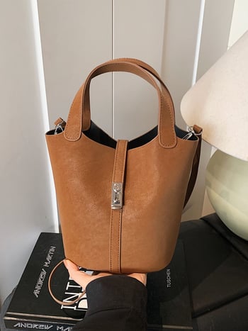 Geantă de mână bucket pentru femei, material ultrafibră, formă bucket, închidere magnetică, buzunar interior cu fermoar, căptușeală din poliester