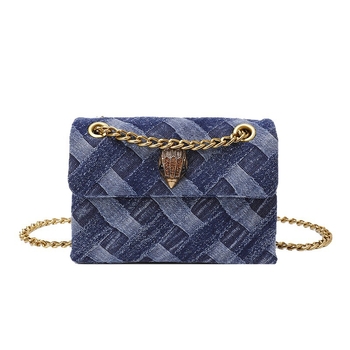 Denim crossbody torba s motívom glave orla, horizontalni kvadratni oblik, zatvarač, unutarnja džep za dokumente s mezzanine, poliester podstava, jedna naramenica