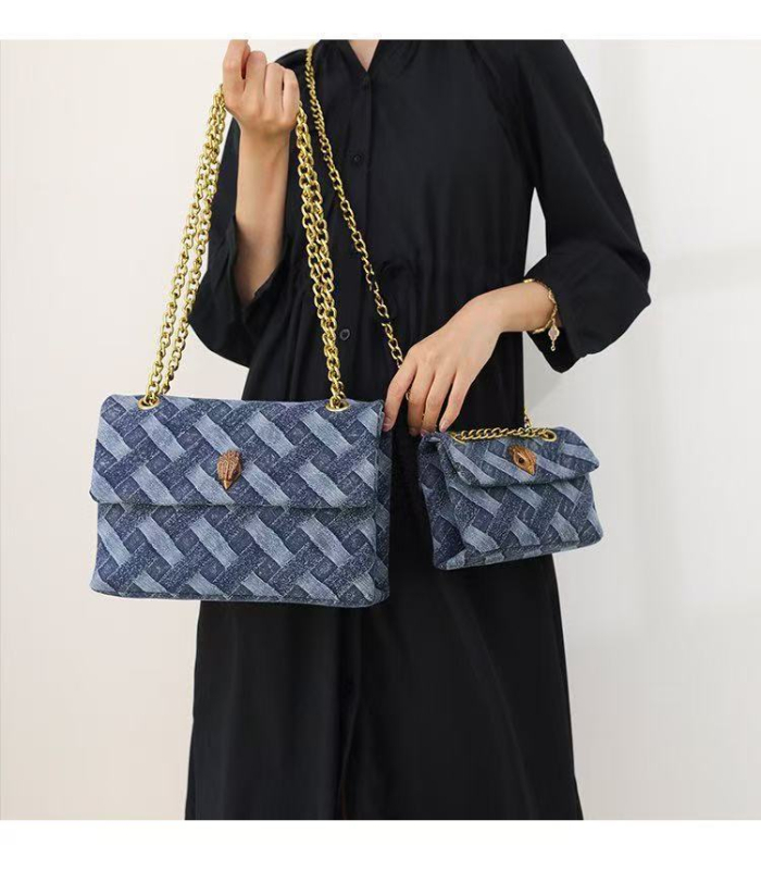 Denim crossbody torba s motívom glave orla, horizontalni kvadratni oblik, zatvarač, unutarnja džep za dokumente s mezzanine, poliester podstava, jedna naramenica