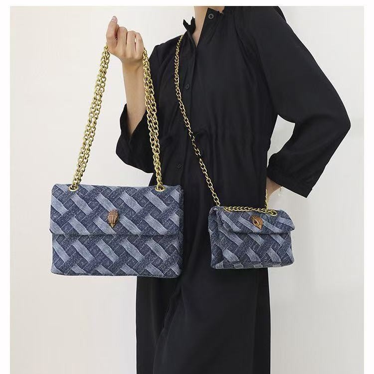 Denim crossbody torba s motívom glave orla, horizontalni kvadratni oblik, zatvarač, unutarnja džep za dokumente s mezzanine, poliester podstava, jedna naramenica