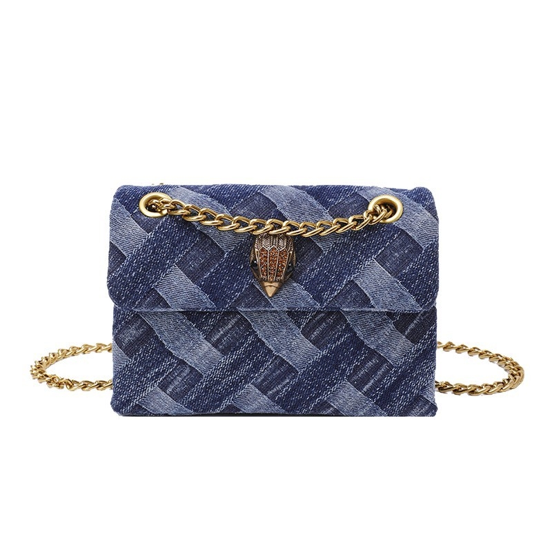 Denim crossbody torba s motívom glave orla, horizontalni kvadratni oblik, zatvarač, unutarnja džep za dokumente s mezzanine, poliester podstava, jedna naramenica