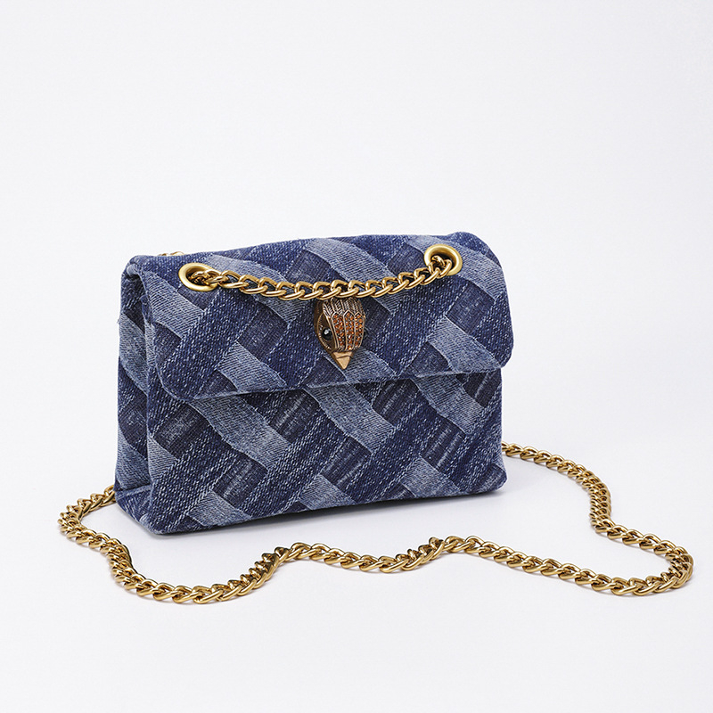 Denim crossbody torba s motívom glave orla, horizontalni kvadratni oblik, zatvarač, unutarnja džep za dokumente s mezzanine, poliester podstava, jedna naramenica