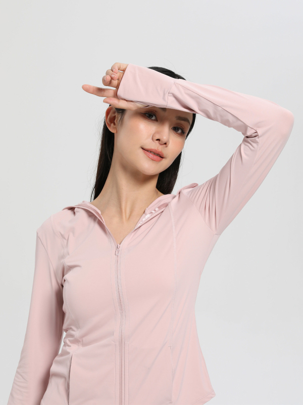 Ženski lagani kaputić za zaštitu od UV-a, s kapuljačom, od nylon spandex smjese, UPF50+, dugi rukavi, zatvarač, duljina 50–65 cm, prozračan