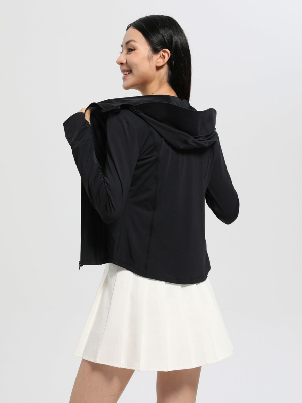 Ženski lagani kaputić za zaštitu od UV-a, s kapuljačom, od nylon spandex smjese, UPF50+, dugi rukavi, zatvarač, duljina 50–65 cm, prozračan