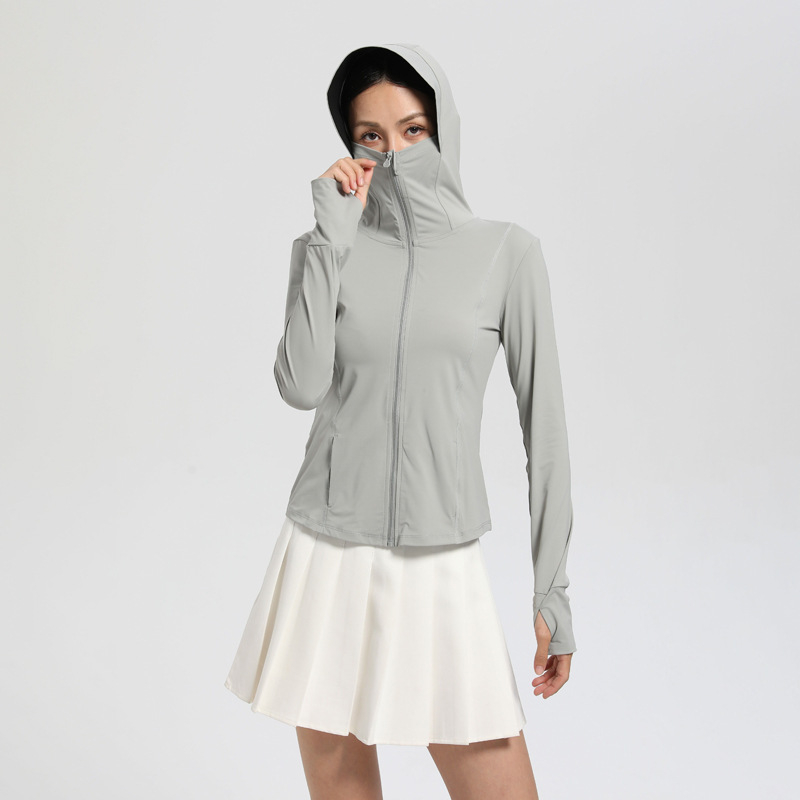 Ženski lagani kaputić za zaštitu od UV-a, s kapuljačom, od nylon spandex smjese, UPF50+, dugi rukavi, zatvarač, duljina 50–65 cm, prozračan