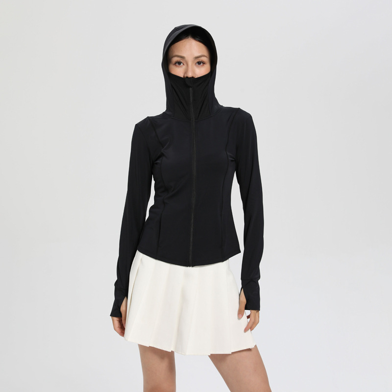 Ženski lagani kaputić za zaštitu od UV-a, s kapuljačom, od nylon spandex smjese, UPF50+, dugi rukavi, zatvarač, duljina 50–65 cm, prozračan