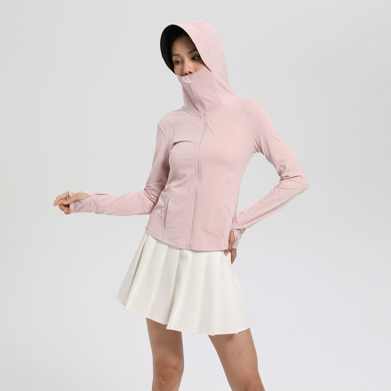Ženski lagani kaputić za zaštitu od UV-a, s kapuljačom, od nylon spandex smjese, UPF50+, dugi rukavi, zatvarač, duljina 50–65 cm, prozračan