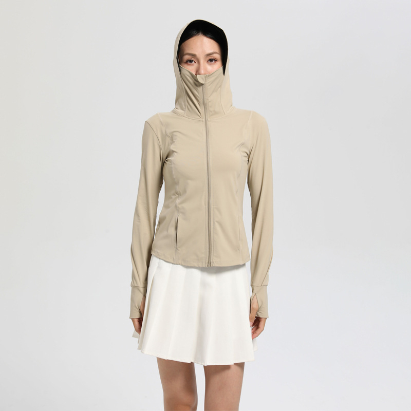 Ženski lagani kaputić za zaštitu od UV-a, s kapuljačom, od nylon spandex smjese, UPF50+, dugi rukavi, zatvarač, duljina 50–65 cm, prozračan