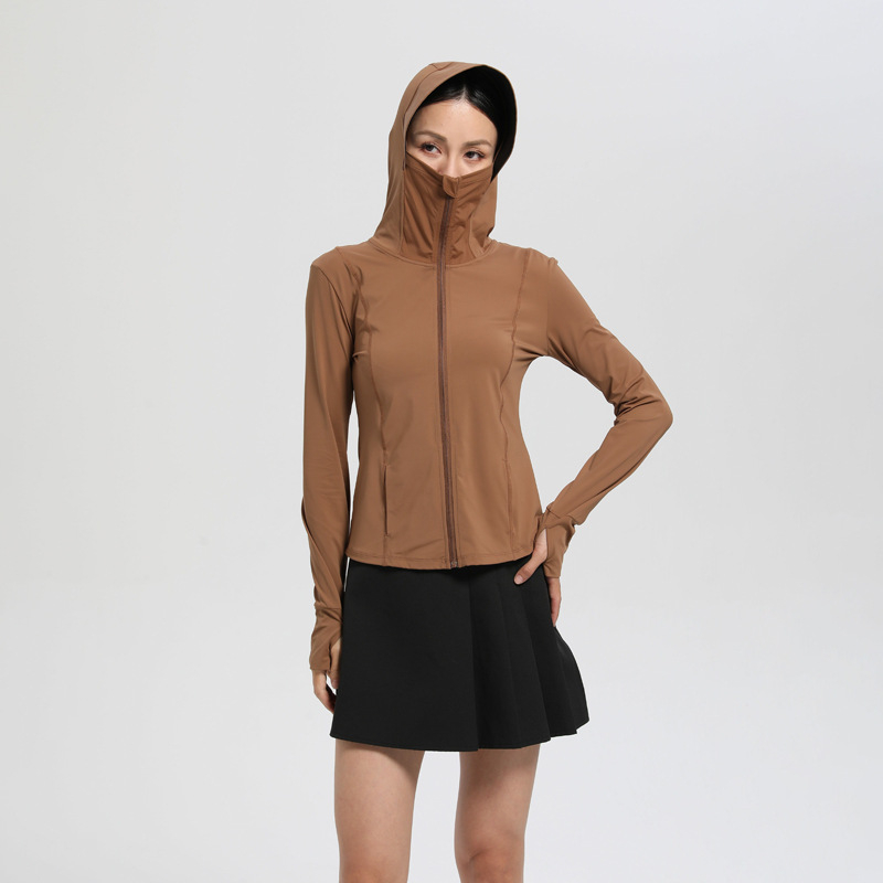 Ženski lagani kaputić za zaštitu od UV-a, s kapuljačom, od nylon spandex smjese, UPF50+, dugi rukavi, zatvarač, duljina 50–65 cm, prozračan