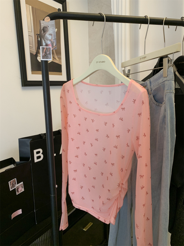 Bluza s mašnicom i mrežastom tkaninom, ultra-tanka tkanina, kratka duljina 40–50 cm, dugi zvonasti rukavi, pulover-top