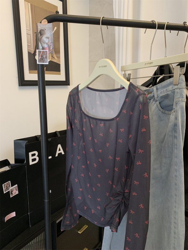 Bluza s mašnicom i mrežastom tkaninom, ultra-tanka tkanina, kratka duljina 40–50 cm, dugi zvonasti rukavi, pulover-top