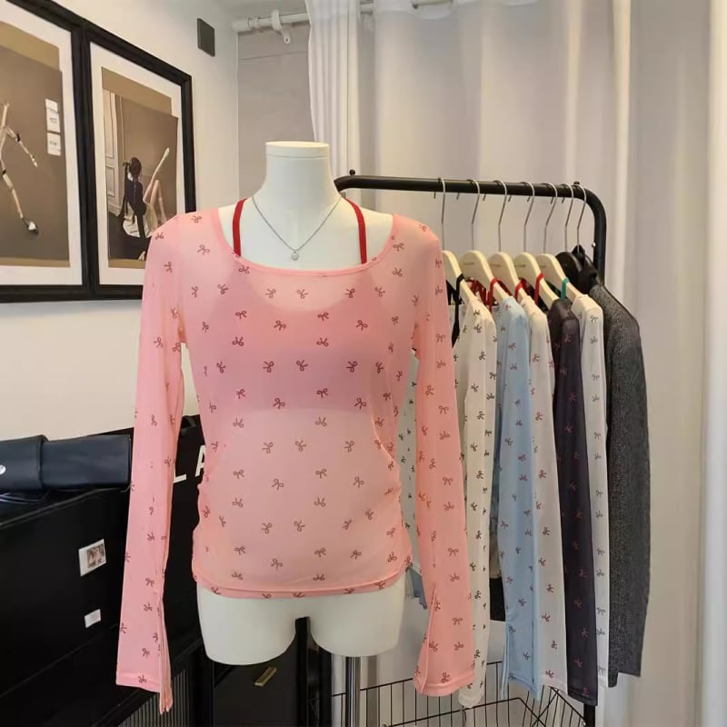 Bluza s mašnicom i mrežastom tkaninom, ultra-tanka tkanina, kratka duljina 40–50 cm, dugi zvonasti rukavi, pulover-top