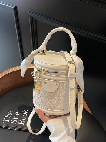 Geantă bucket cilindrică din PU pentru femei, stil elegant, închidere cu fermoar, buzunar pentru documente, curea de umăr simplă