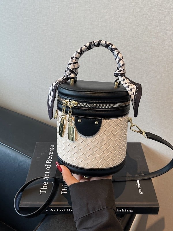 Geantă bucket cilindrică din PU pentru femei, stil elegant, închidere cu fermoar, buzunar pentru documente, curea de umăr simplă