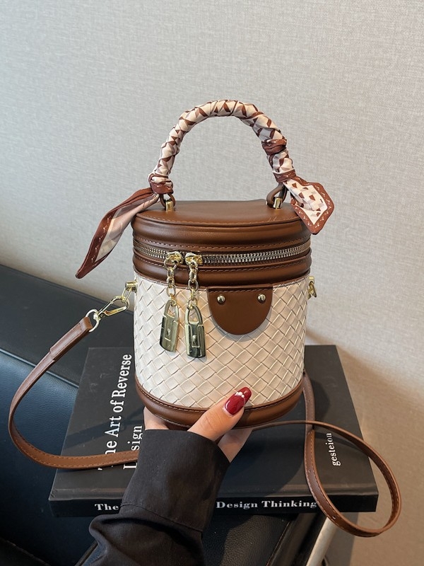 Geantă bucket cilindrică din PU pentru femei, stil elegant, închidere cu fermoar, buzunar pentru documente, curea de umăr simplă