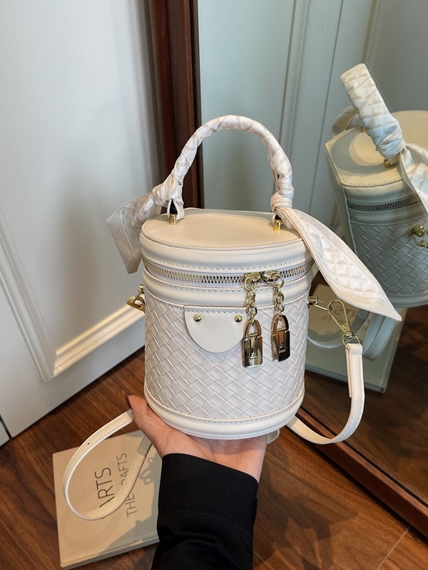 Geantă bucket cilindrică din PU pentru femei, stil elegant, închidere cu fermoar, buzunar pentru documente, curea de umăr simplă