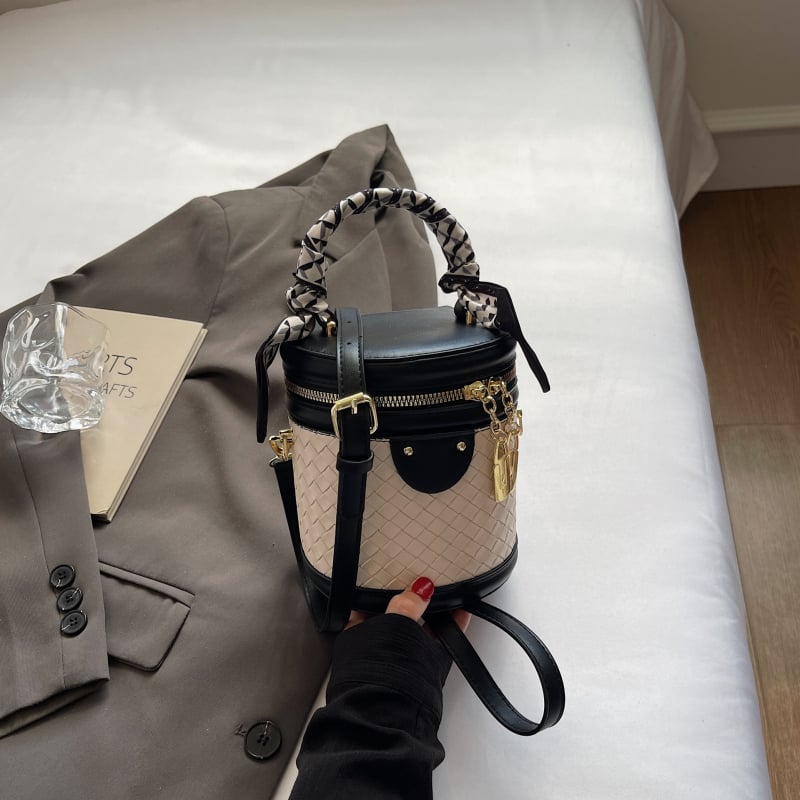 Geantă bucket cilindrică din PU pentru femei, stil elegant, închidere cu fermoar, buzunar pentru documente, curea de umăr simplă