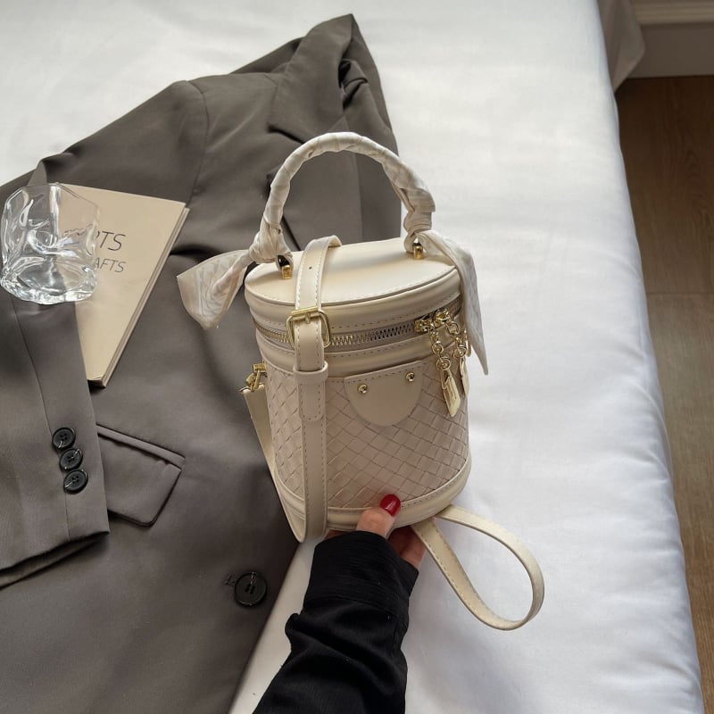 Geantă bucket cilindrică din PU pentru femei, stil elegant, închidere cu fermoar, buzunar pentru documente, curea de umăr simplă